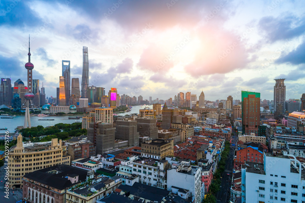 Naklejka premium Aerial view of Shanghai skyline at sunset,China.