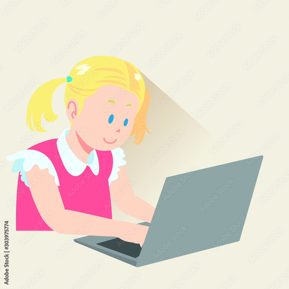 Kid sitting with laptop isolated on background. Flat cartoon vector illustration. Kid sitting with laptop isolated on background. Flat cartoon vector illustration.