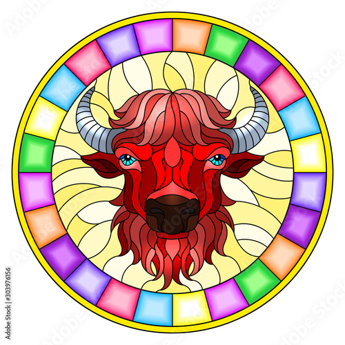 Illustration in stained glass style with bison red head in round frame on white background