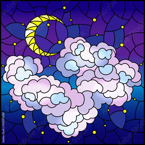 Illustration in stained glass style with celestial landscape, fluffy cloud on the background of starry sky and moon, square image