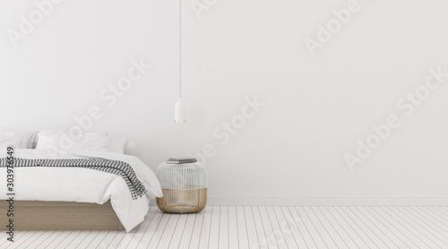 Perspective of modern bedroom with bed and white hanging lamp  Interior idea of minimal style. 3D rendering.