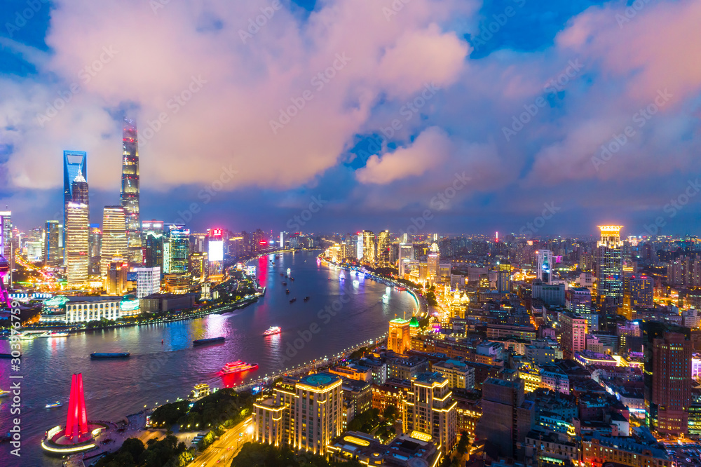 Fototapeta premium Aerial view of Shanghai skyline at night,China.
