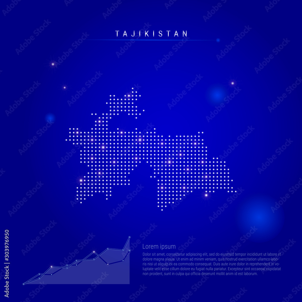 Tajikistan illuminated map with glowing dots. Dark blue space background. Vector illustration