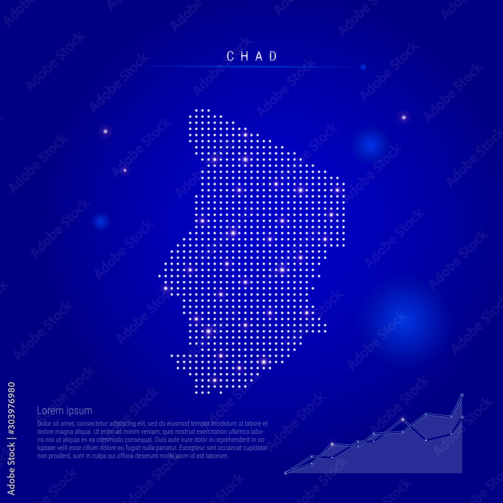 Chad illuminated map with glowing dots. Dark blue space background. Vector illustration