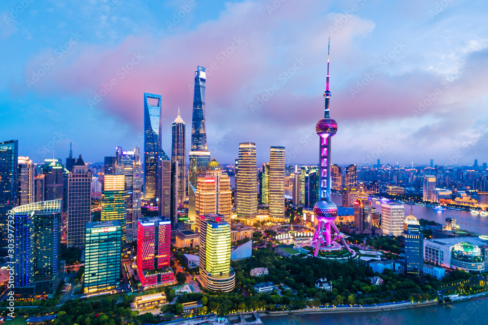 Fototapeta premium Aerial view of Shanghai skyline at night,China.