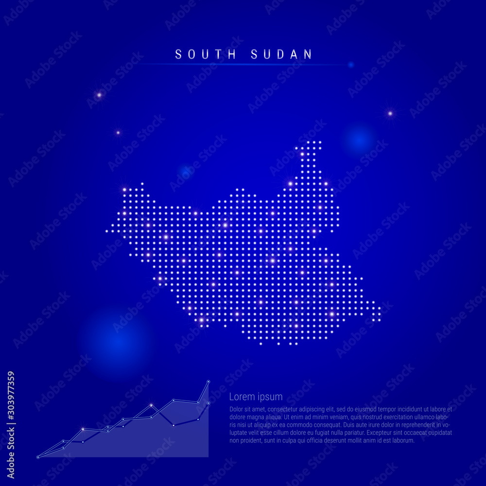 South Sudan illuminated map with glowing dots. Infographics elements. Dark blue space background. Vector illustration. Growing chart, lorem ipsum text.