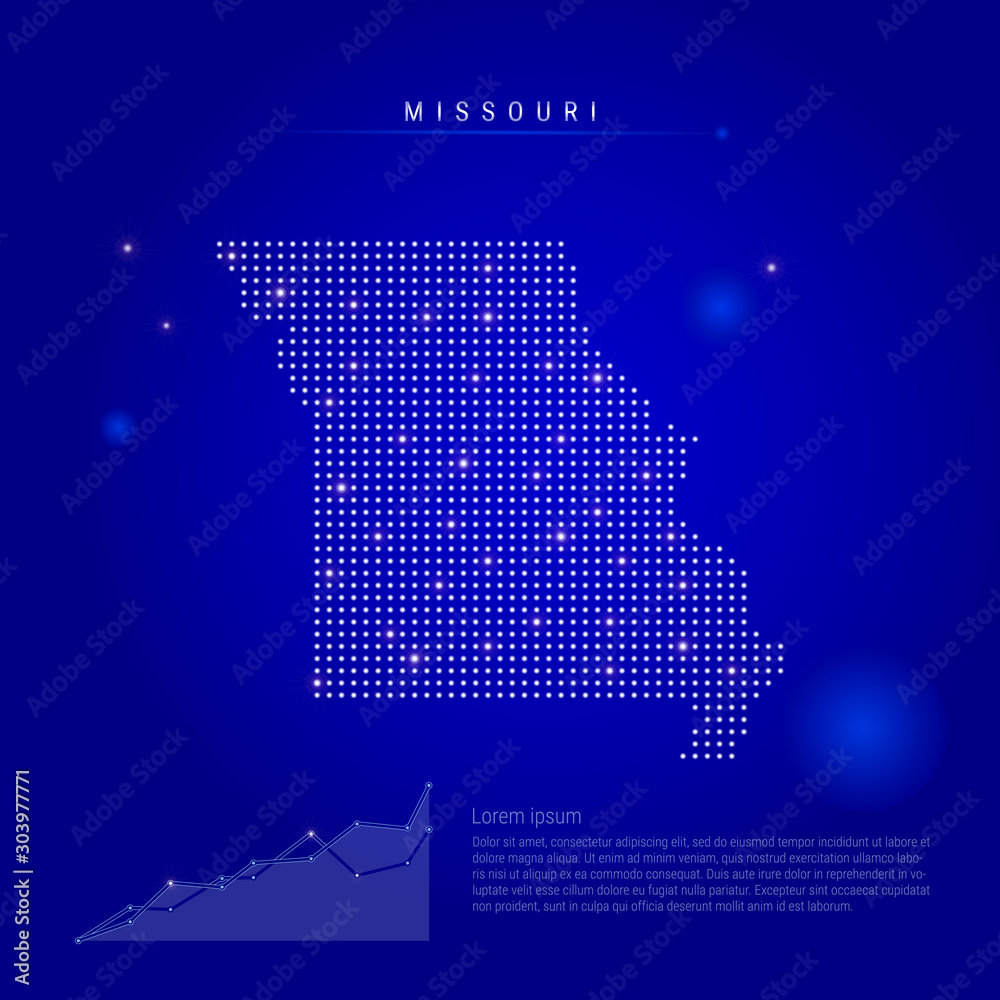 Missouri US state illuminated map with glowing dots. Infographics elements. Dark blue space background. Vector illustration. Growing chart, lorem ipsum text.