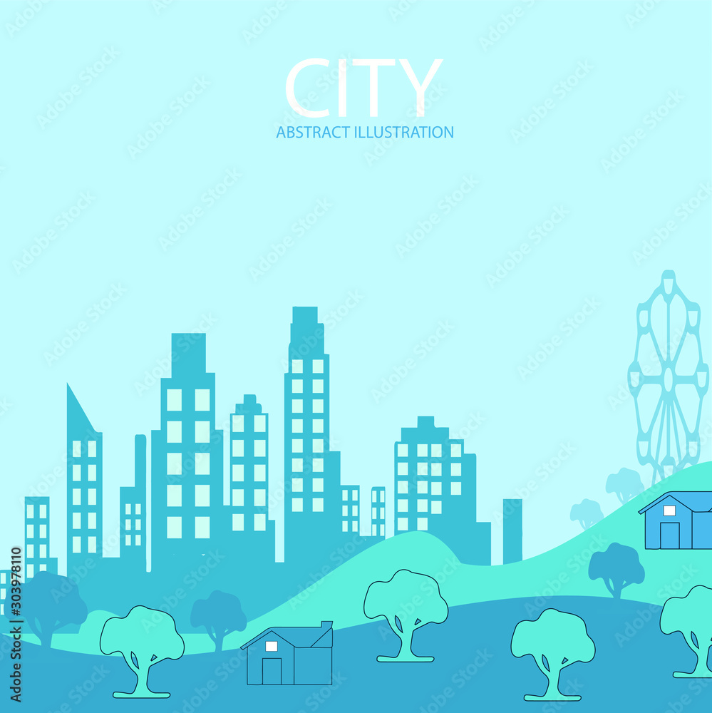 city background illustration with copy space for text. Simple minimal geometric flat style - vector city landscape with buildings, hills and trees - abstract horizontal banner and background