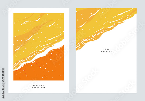 Season greetings card template design, aerial view of snow over the beach and ocean landscape