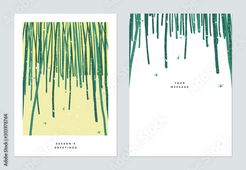 Season greetings card template design  snow over bamboo forest on small hill