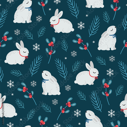Christmas seamless pattern with cute bunnies and mistletoe on dark cyan background.