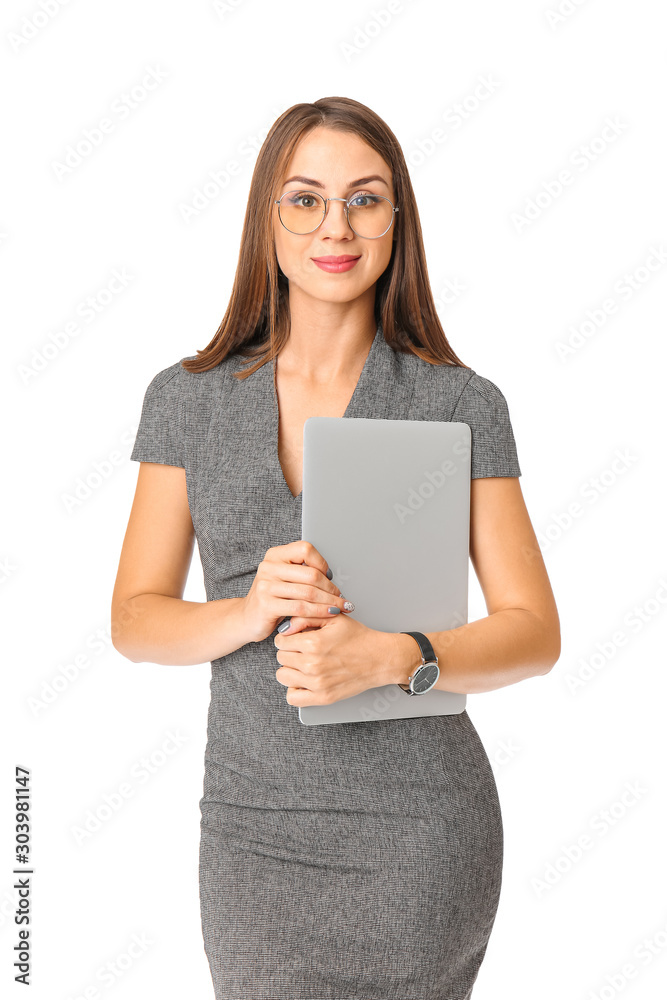 Beautiful young businesswoman with laptop on white background Beautiful young businesswoman with laptop on white background