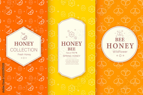 Vector packaging template with patterns. Natural honey collection. Warm color palette of golden tints