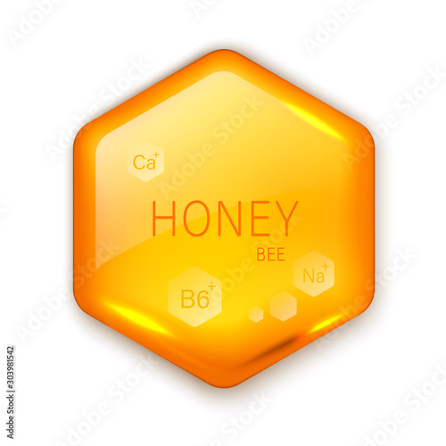 Realistic vector honey drop. Hexagon on white background. Eps10. RGB. Global colors