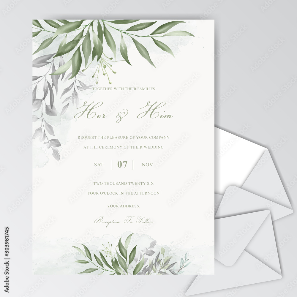 Elegant Watercolor Wedding Invitation Card with Greenery Foliage