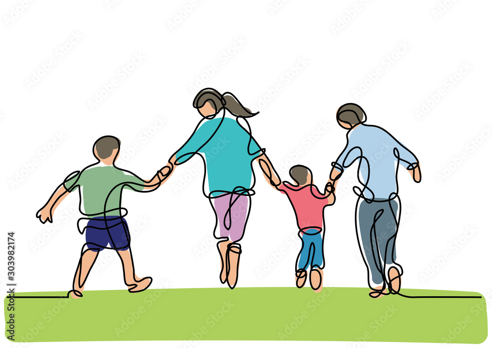 continuous line drawing of happy family running continuous line drawing of happy family running