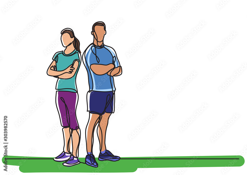 continuous line drawing of man and woman fitess instructors standing continuous line drawing of man and woman fitess instructors standing