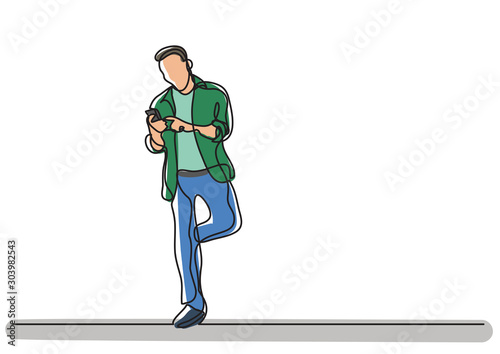 continuous line drawing of man using his mobile phone