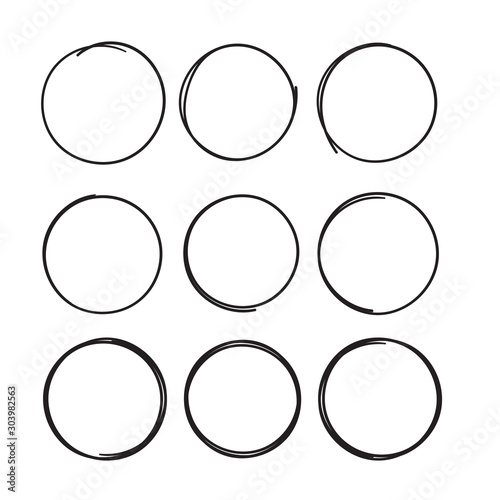 Hand drawn circle line sketch set Vector isolated on white