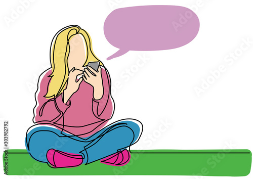 continuous line drawing of teenage girl sitting with mobile phone with speech bubble