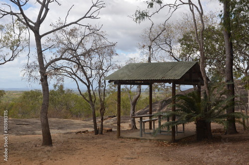 cloudy arid Mareeba far North Queensland landscape Australia hut picnic table