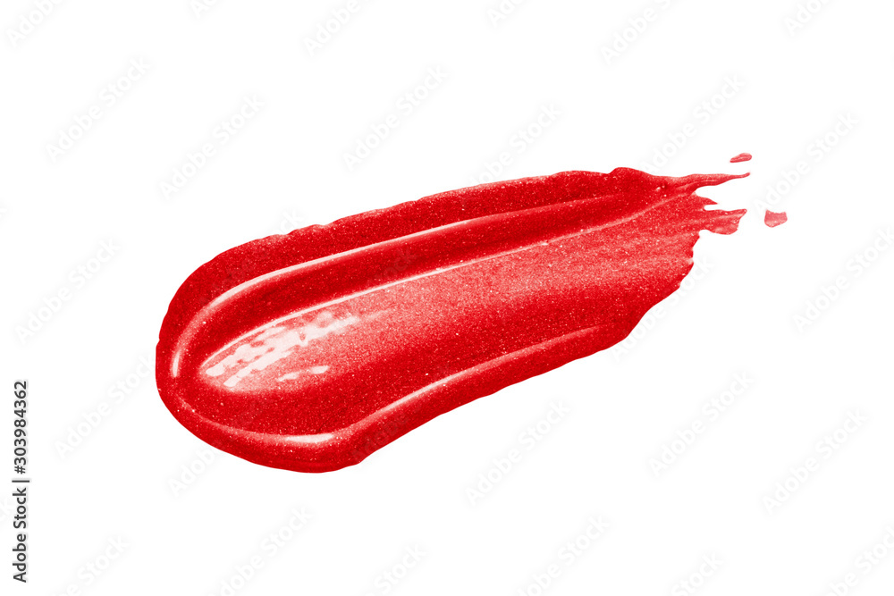 Metallic lip gloss swatch smear smudge isolated on white. Red shiny make-up stroke sample Metallic lip gloss swatch smear smudge isolated on white. Red shiny make-up stroke sample