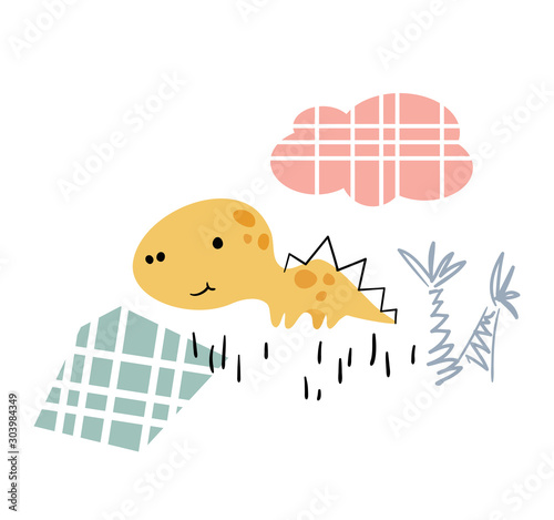 Dinosaur baby cute print. Sweet dino boy with palm tree. Beach landscape.