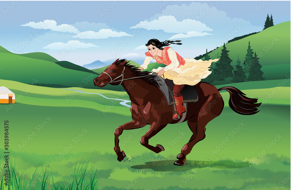 Girl woman in national costume, riding a horse among the mountains and