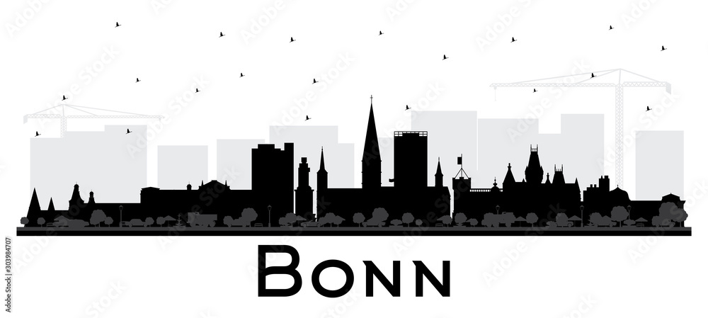 Bonn Germany City Skyline Silhouette with Black Buildings Isolated on White.