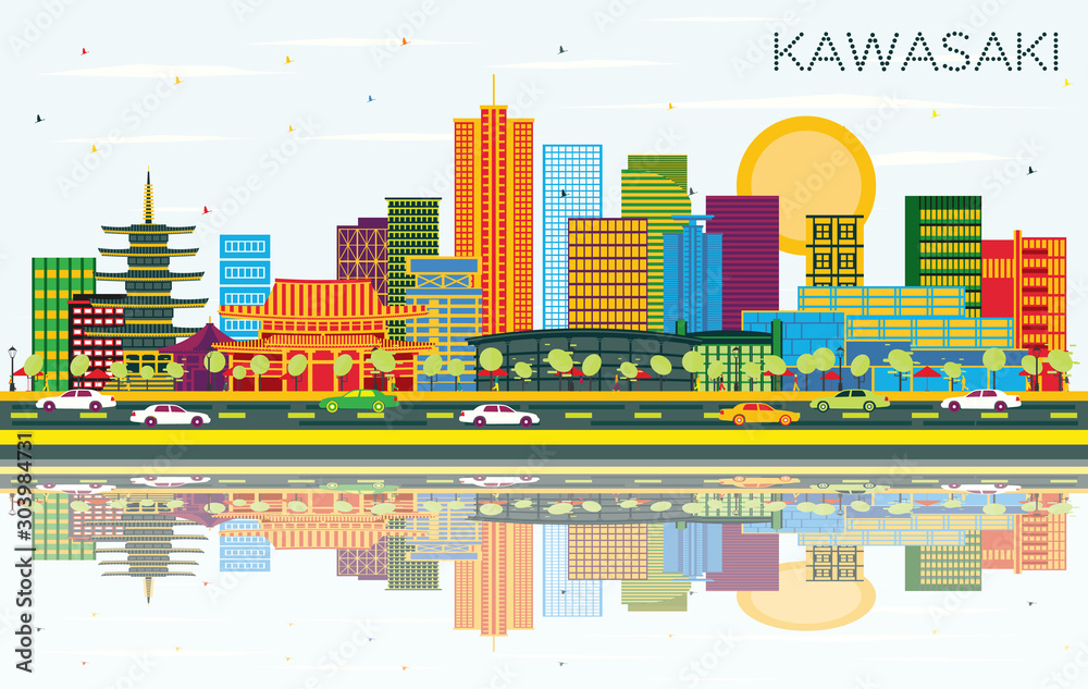 Kawasaki Japan City Skyline with Color Buildings, Blue Sky and Reflections.