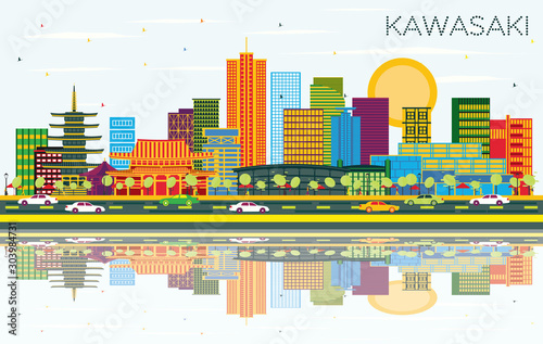Kawasaki Japan City Skyline with Color Buildings  Blue Sky and Reflections.