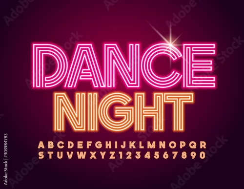 Obraz Vector illuminated Emblem Dance Night with modern glowing Alphabet. Neon trendy Font. Stylish Letters, Numbers and Symbols