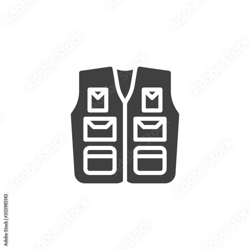 Fishing vest vector icon. Sleeveless jacket filled flat sign for mobile concept and web design. Hiking vest with pockets glyph icon. Symbol, logo illustration. Vector graphics