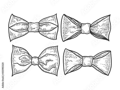 Bow tie set sketch engraving vector illustration. T-shirt apparel print design. Scratch board style imitation. Black and white hand drawn image.