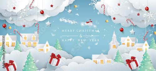 Merry christmas composition in paper cut style.Santa Claus on the sky Vector illustration.