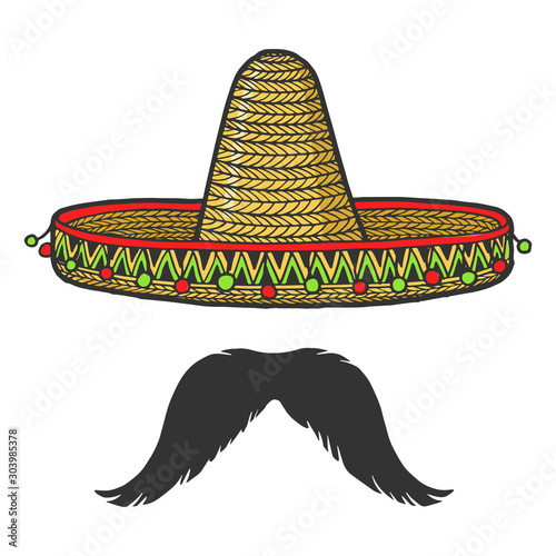 Mexican sombrero hat and mustache sketch engraving vector illustration. T-shirt apparel print design. Scratch board style imitation. Black and white hand drawn image. photo