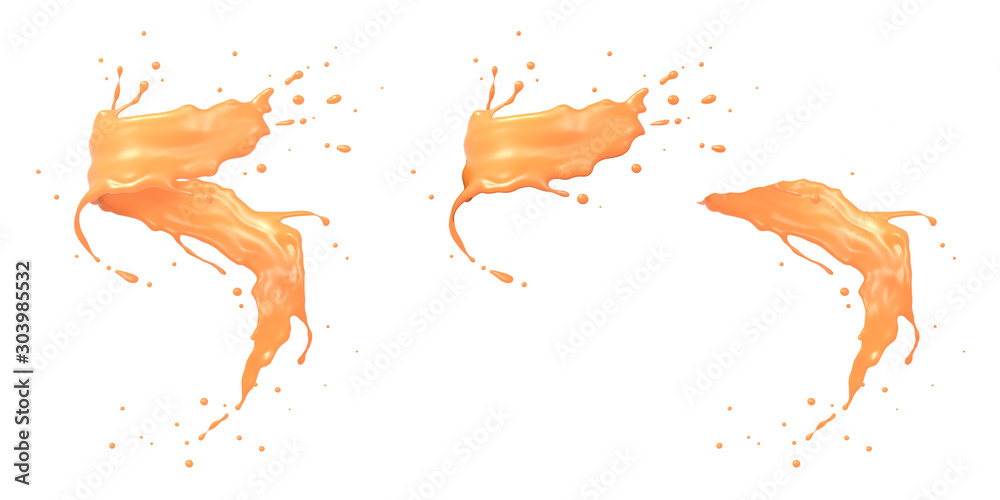 Orange juice splash spiral on white background with clipping path,3d rendering. Orange juice splash spiral on white background with clipping path,3d rendering.
