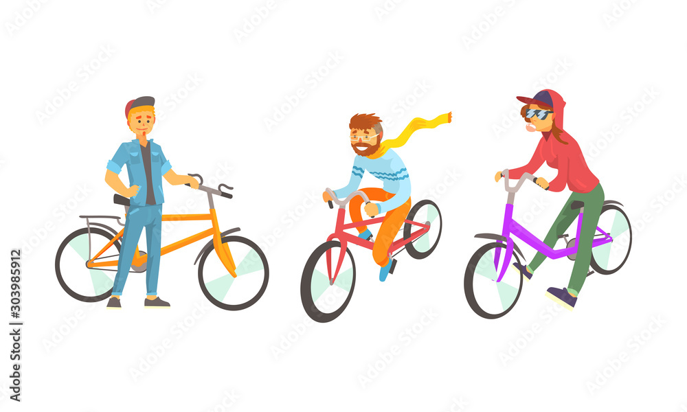 Fototapeta premium Bike Riders Wearing Hipster Clothing Vector Set