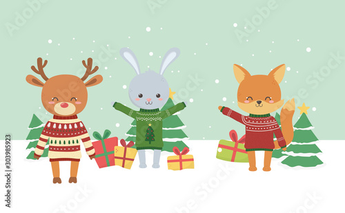 merry christmas celebration cute fox deer rabbit tree gifts snow