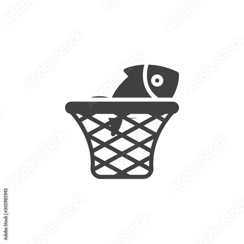 Fishing landing net vector icon. filled flat sign for mobile concept and web design. Net with fish glyph icon. Symbol, logo illustration. Vector graphics