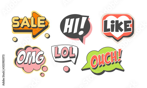 Speech Labels with Text Vector Set. Flat Shapes with Words