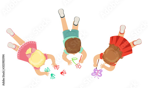 Cute Little Kids Lying on the Floor Drawing Pictures Vector Illustration