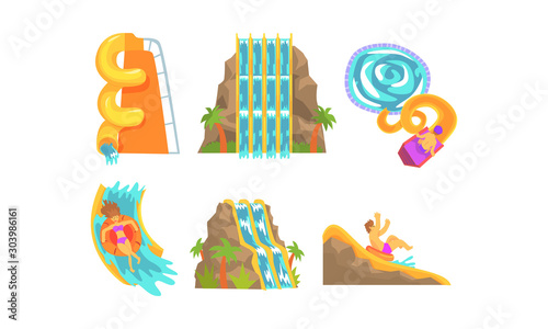 Different Waterslides Vector Set. Aqua Outdoor Recreation Collection