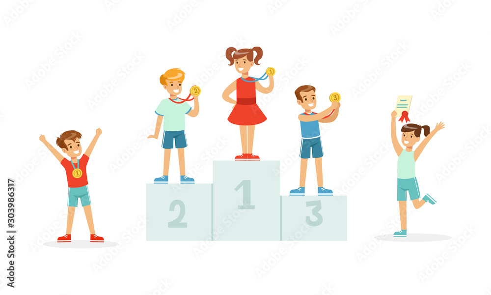 Fototapeta premium Children Standing on Award Places and Kids Jumping With Joy Vector Illustration