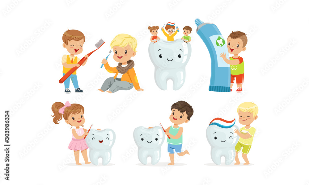 Little Kids Taking Care of Tooth Purity Brushing it With Toothbrush Vector Illustrations Set