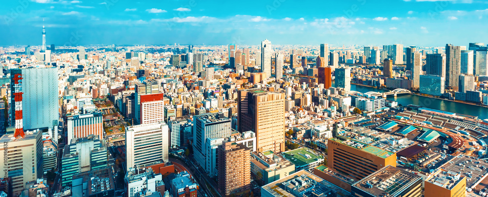 Aerial view of the cityscape of Tokyo, Japan near Tsukiji