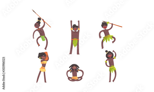 African Tribal Characters Vector Set. Man Beating the Drum and Dancing Voodoo Dance