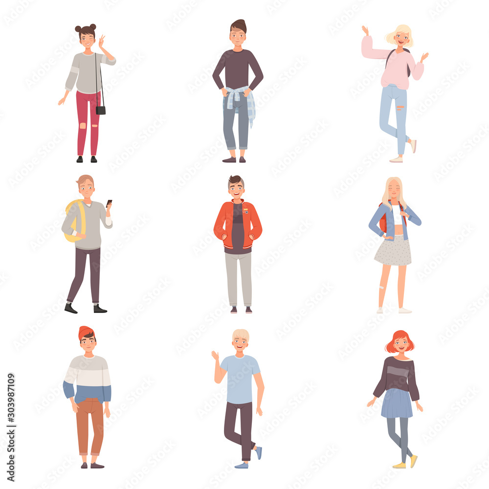 Set Of Teenagers In Different Poses Wearing Casual And Smiling Flat Vector Illustration