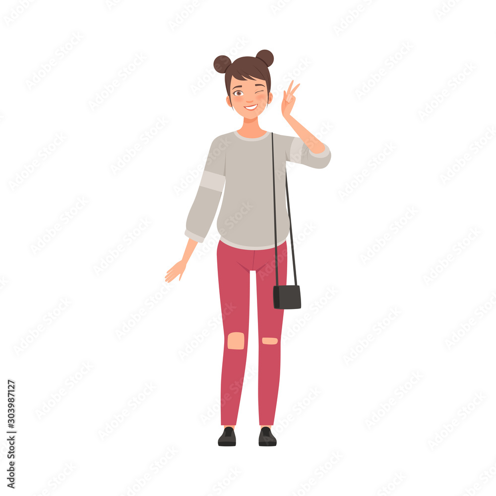 Teenager Female With Two Funny Beams On Head Flat Vector Illustration Teenager Female With Two Funny Beams On Head Flat Vector Illustration