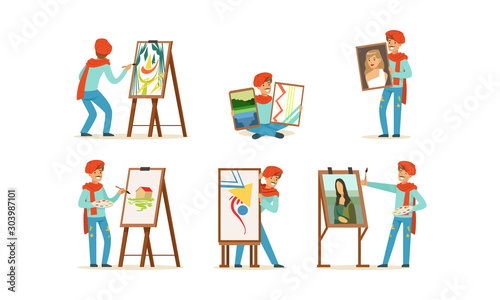 Artist Character Painting on Canvas Vector Set